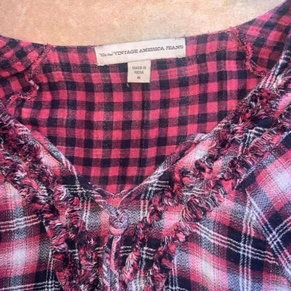 Nine West Women Small Red Black Plaid‎ Ruffle Long Sleeve Pull Over Top (T) - Picture 4 of 8